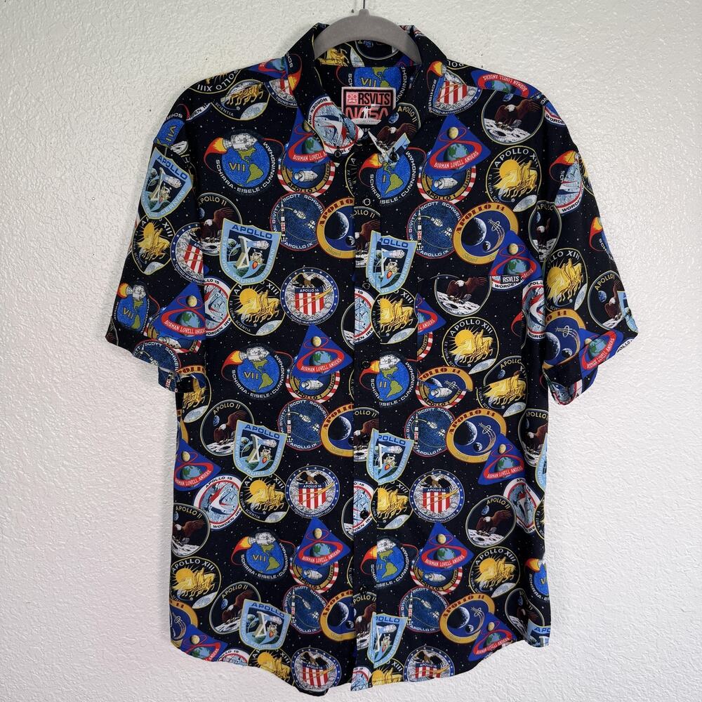 RSVLTS NASA Shirt Mens Large Apollo Mission Patch Print Button Up Space Black
